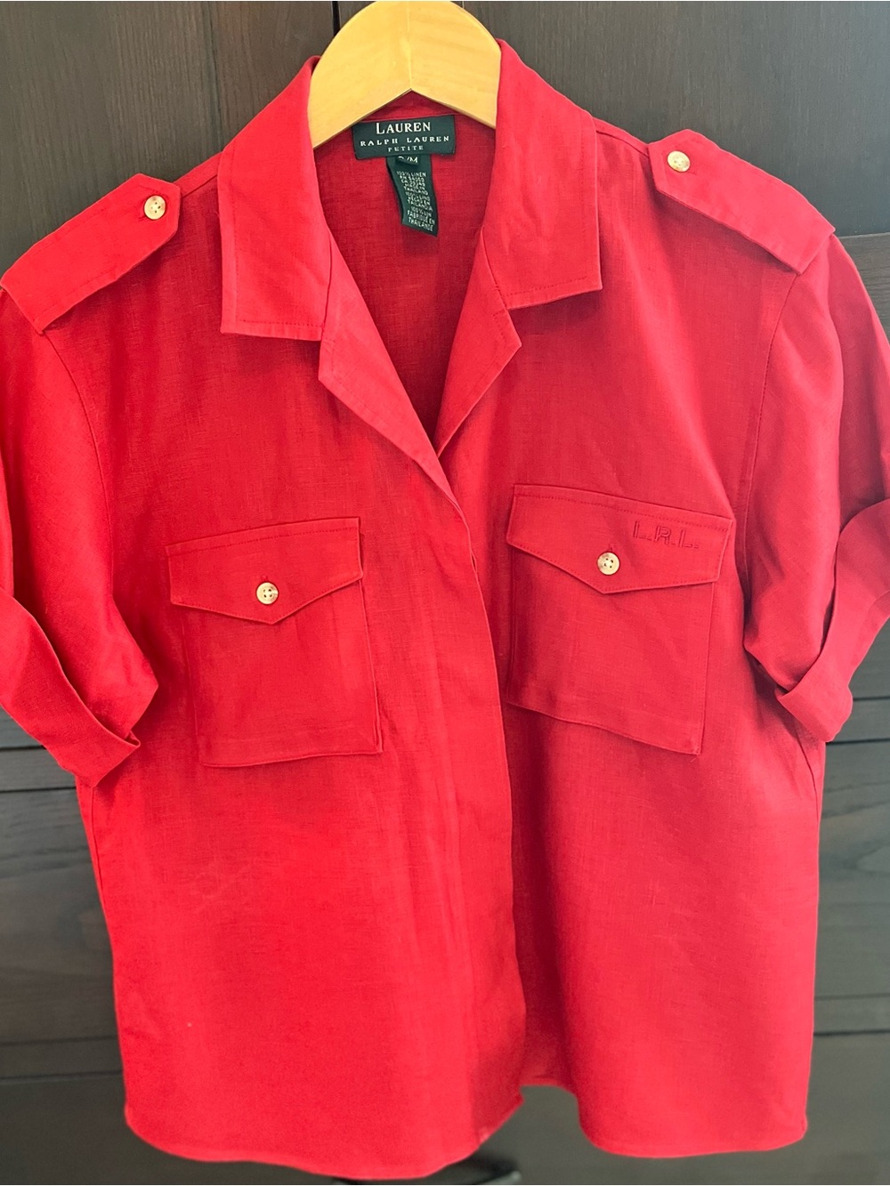 Ralph Lauren Red Short-Sleeve Linen Utility Button-Down Shirt